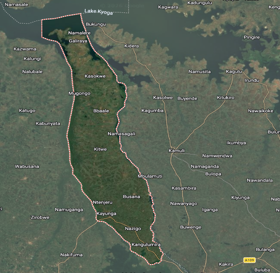 Satellite view of the Bugerere corridor from Galiraya to Jinja
